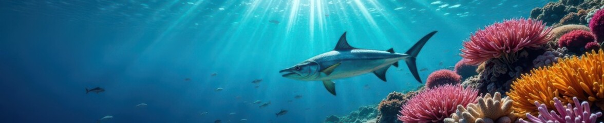 Naklejka premium Silver barracuda school over vibrant coral reef, ecosystem, coral reef ecosystem