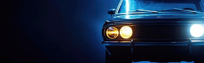 Fototapeta premium Close-up of the headlights of a modern car on a dark background