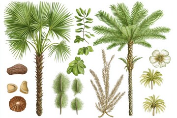 Illustration of different parts of Arecaceae plant species showcasing diverse foliage and structures