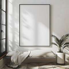 A large blank framed artwork on the wall of minimalist living room