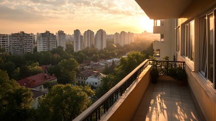 Fototapeta premium Balcony view at sunset of city skyline with greenery, for real estate