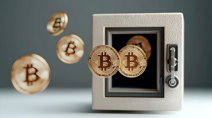 Digital Gold Coins Floating Near Metallic Safe Box on Gray Background