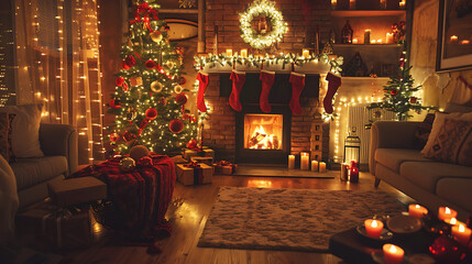 A cozy Christmas-themed living room with a decorated fireplace and twinkling lights