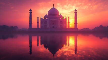 Obraz premium A tranquil scene featuring the Taj Mahal in silhouette, with its reflection in a smooth, undisturbed water surface, bathed in the delicate pink and orange hues of a setting sun. --ar 16:9