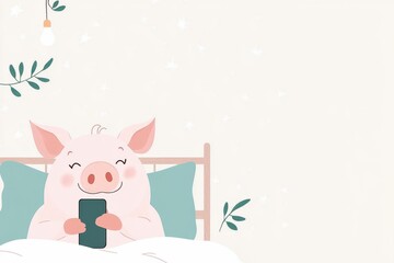 Obraz premium Pig lying in bed scrolling on a smartphone represents modern distractions and habits