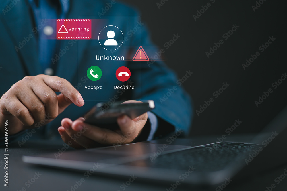 Fototapete scam or spam alert calls, man receiving unknown caller notification with a warning messages to preve