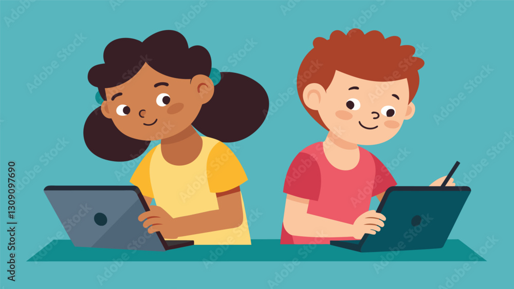 Poster two children sit side by side each focused on their own drawing tablet as they experiment with diffe