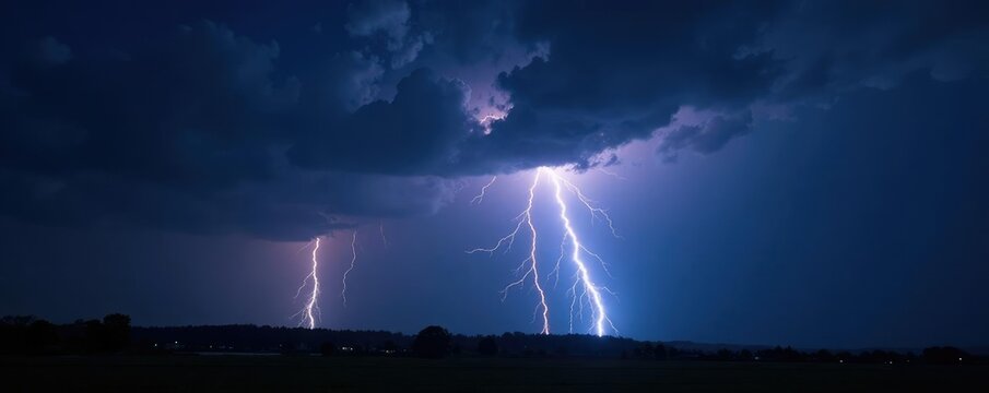Dark stormy night with bright electric lightning, electricity, night sky
