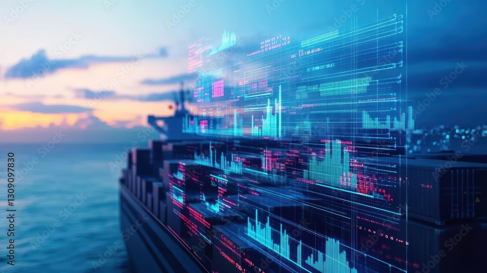 Aufkleber modern ship displaying financial data on digital screen amidst open waters symbolizing technology in