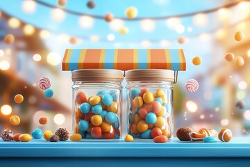 Colorful candy display in a charming storefront sweet treats festive atmosphere bright background