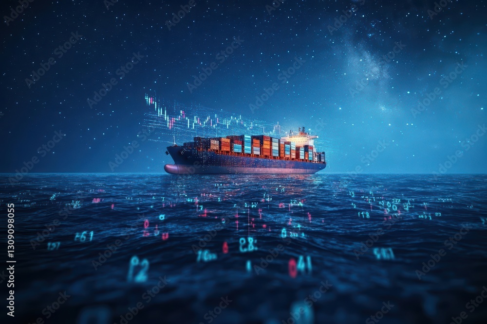 Poster majestic container ship illuminated by soft moonlight floating gracefully on calm ocean surface crea