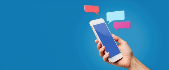 Close up Hand holding smartphone with message bubbles against blue background with copy space