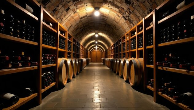 Dark wine cellar with rows of wooden racks and bottles, storage, casks, cavern