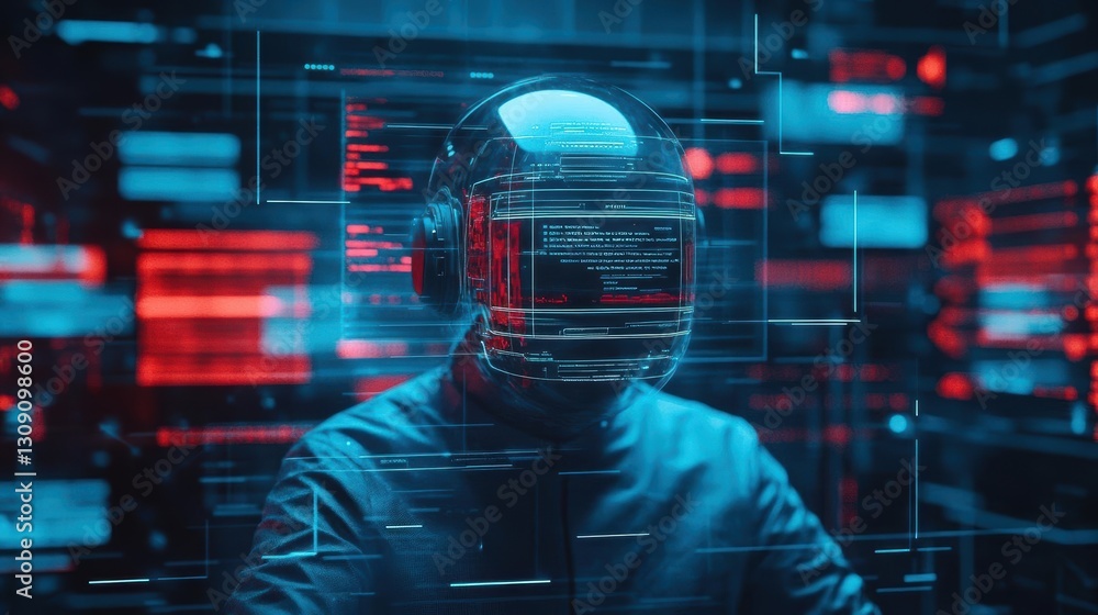 Poster futuristic man in advanced suit interacting with holographic virtual interface surrounded by high-te