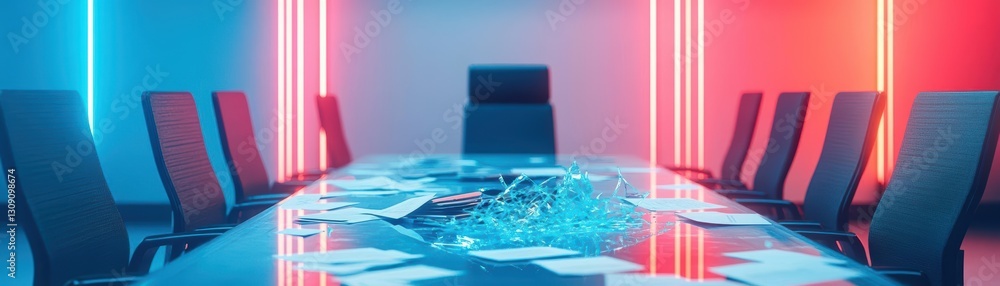 Poster a fragile scene featuring a table with a broken glass reflecting light creating an intriguing atmosp