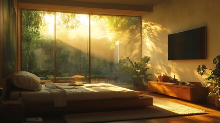 Fototapeta premium Bed in bedroom interior with sunlight filtering from garden for home decor