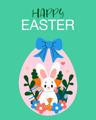 Happy Easter day card with bunnies, carrot, flowers, easter eggs on green background. Cartoon isolated vector illustration.	