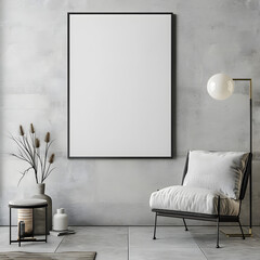 A large blank framed artwork on the wall of minimalist living room