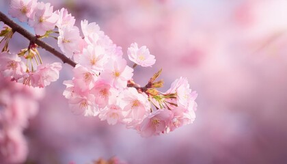 Naklejka premium herry blossoms in full bloom with a diagonal branch, delicate pink petals, blurred bokeh background in pastel colors, serene spring beauty