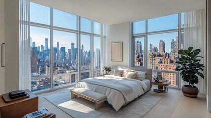 Bedroom with city view, daytime, interior design, real estate
