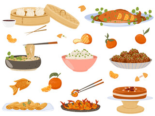 Asian food set. Chinese traditional cuisine with various dishes. Vector flat illustration. Gyoza, grilled fish, noodles, rice balls, meatballs, spring rolls, shrimps, rice cake isolated on white