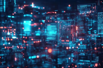 Futuristic Cityscape at Night with Radiant Glowing Lights Illuminating the Urban Environment Against a Dark Starry Sky Creating a Dreamlike Atmosphere