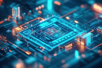 Obraz premium Close Up of a Computer Chip on a Vibrant Blue Background Showcasing Intricate Details and Modern Technology in a Futuristic Digital Environment