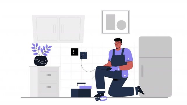 A precise 2D vector animation illustrating electrician services, depicting repairs, installations, and safety checks.