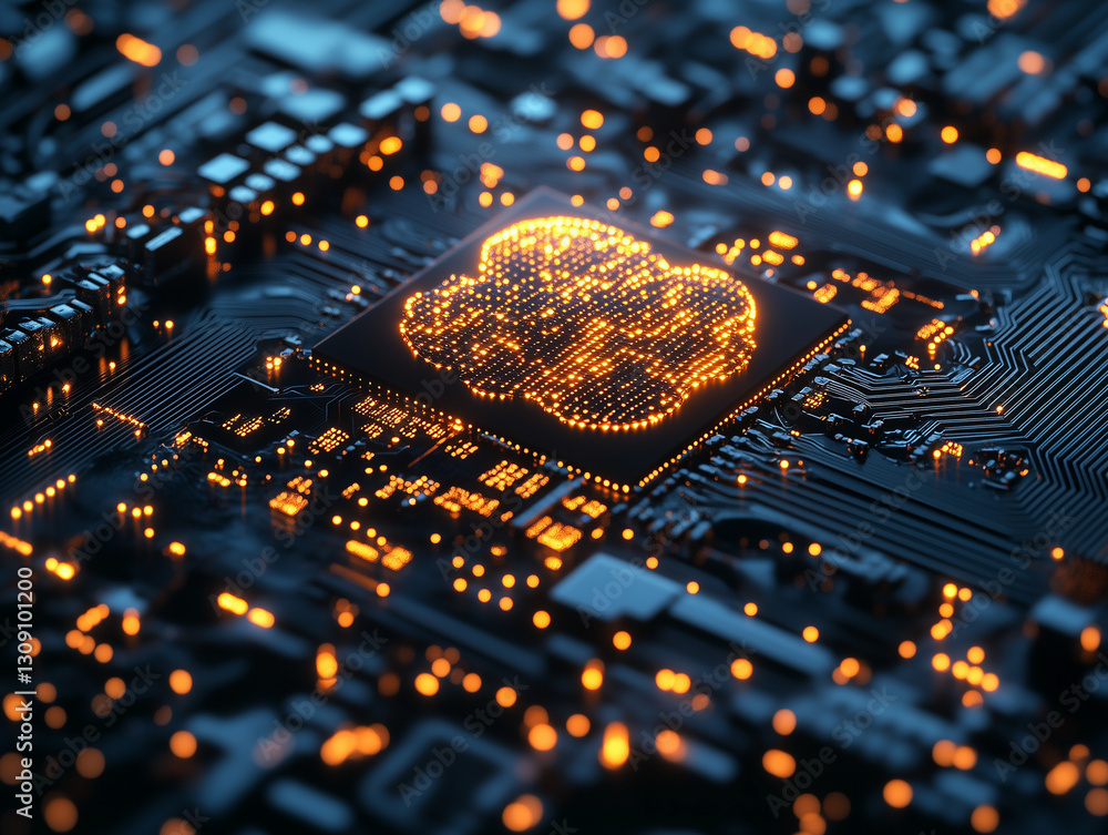 Poster close up view of circuit board featuring glowing cloud symbol, representing artificial intelligence 