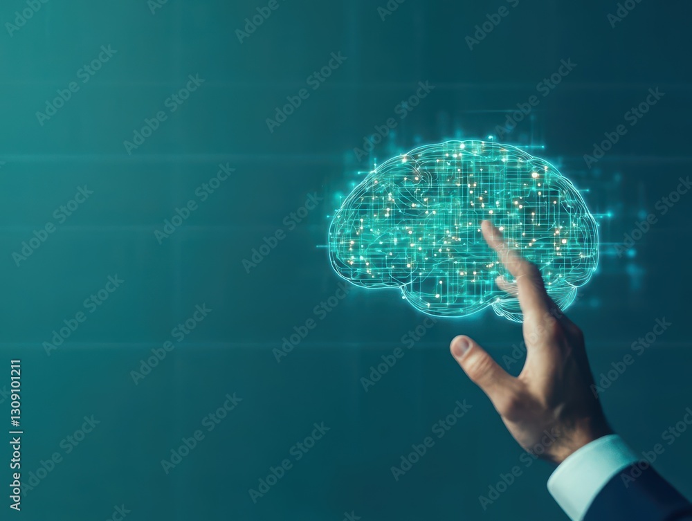 Poster innovative interaction with a virtual brain on a touch screen demonstrating technology and cognitive