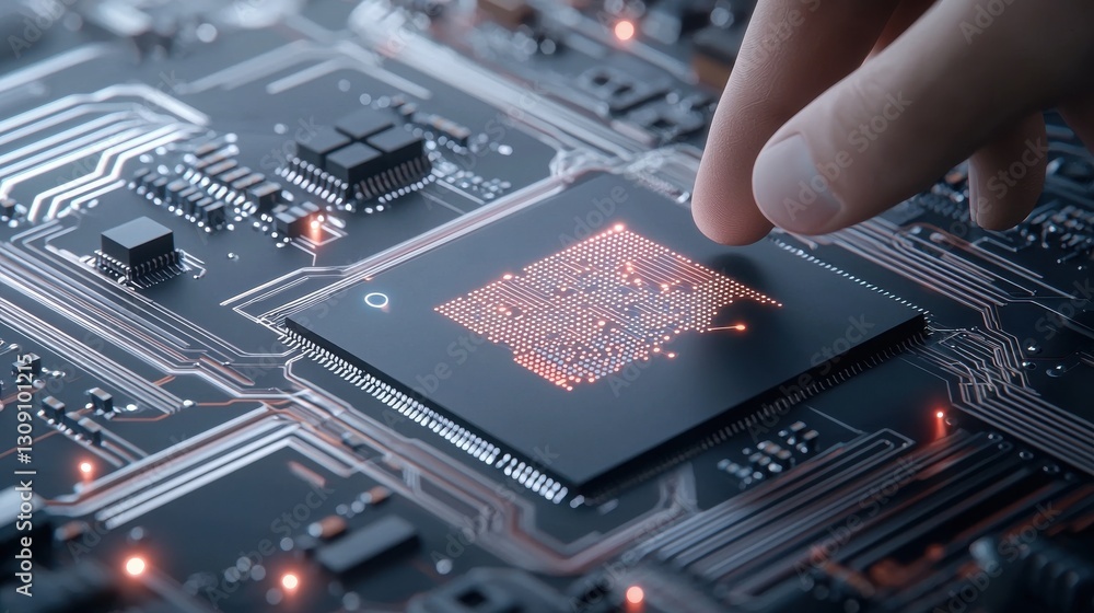 Aufkleber close-up of a hand interacting with a glowing microchip on a circuit board, showcasing innovation in