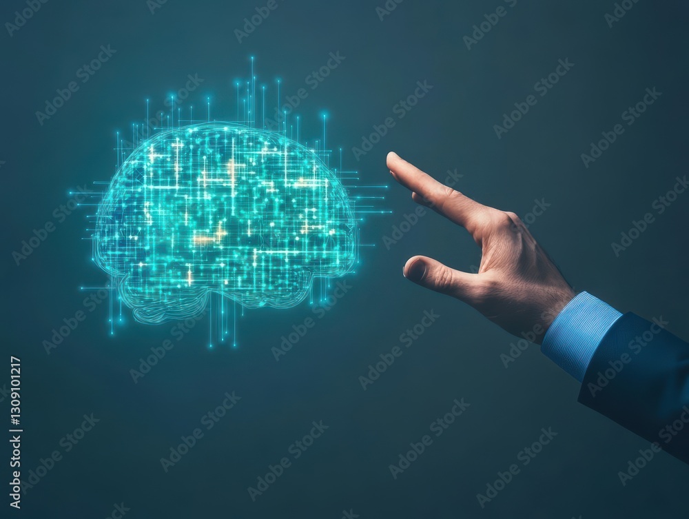 Poster a thoughtful hand pointing at a complex brain with intricate circuitry symbolizing the intersection 