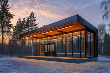 Fototapeta premium Modern architecture showcased in a serene forest setting during sunset