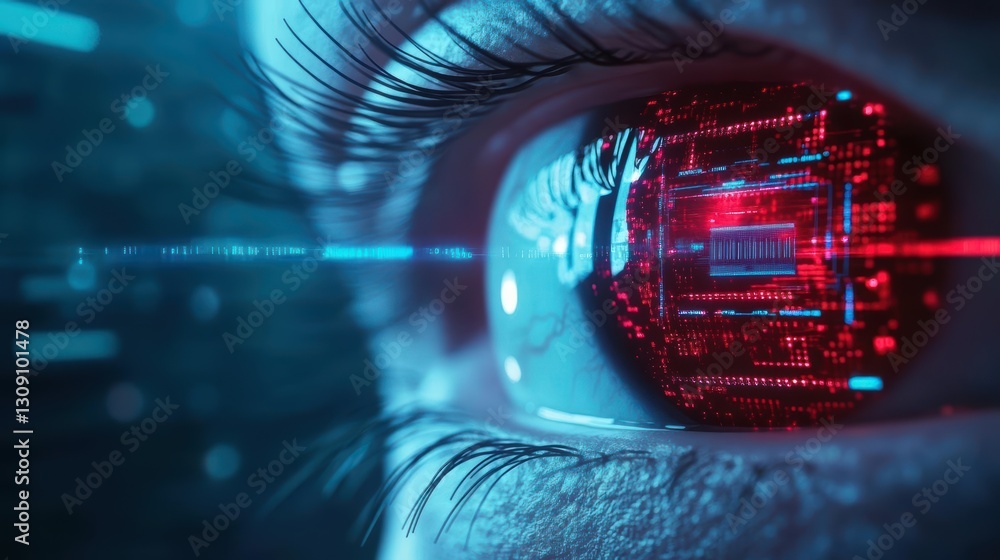Poster intriguing close up of a human eye illuminated by striking red light creating a mysterious and capti