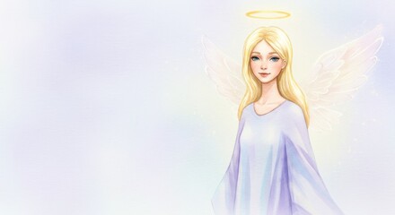 Watercolor Angelic Girl with Halo and Wings - An ethereal girl adorned with a halo and wings symbolizes purity, peace, protection, and serenity, creating a sense of divine beauty and angelic grace