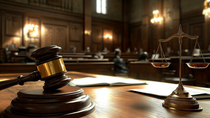 gavel and scales of justice on wooden table in courtroom, symbolizing law and order. background features blurred figures of people seated, creating serious atmosphere