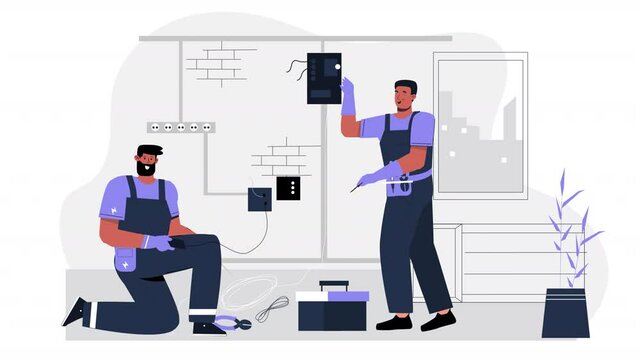 A minimalistic flat design animation highlighting the importance of skilled electrician services and safety precautions.