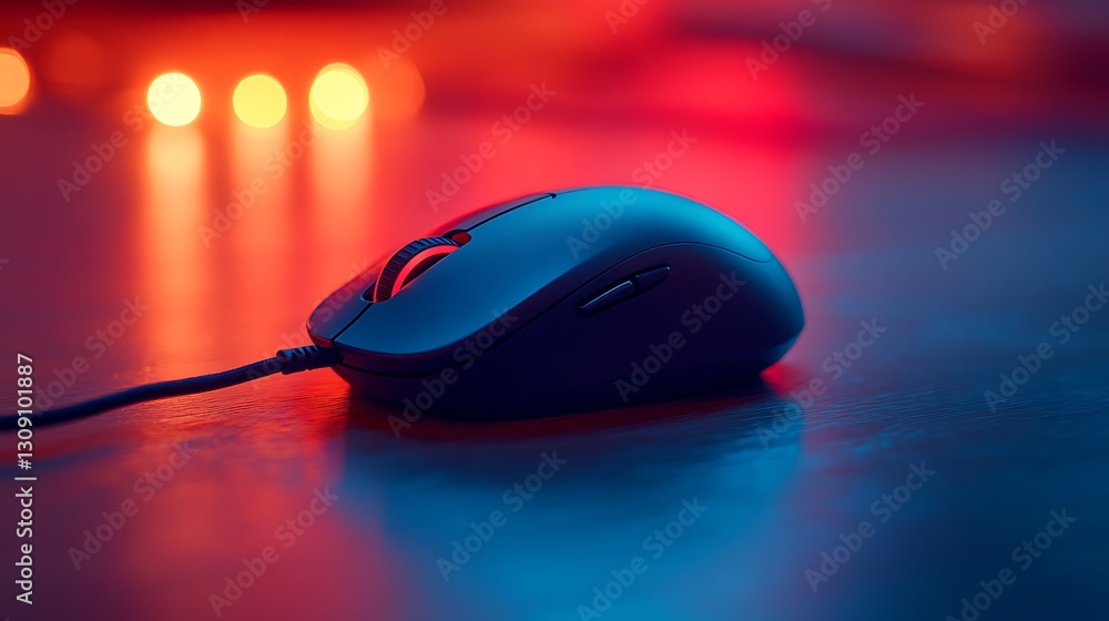 Aufkleber black computer mouse on surface with glowing bokeh lights in background
