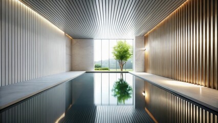 Obraz premium Serene Indoor Pool with Natural Light and Minimalist Design Featuring Vertical Wood and Stone Accents