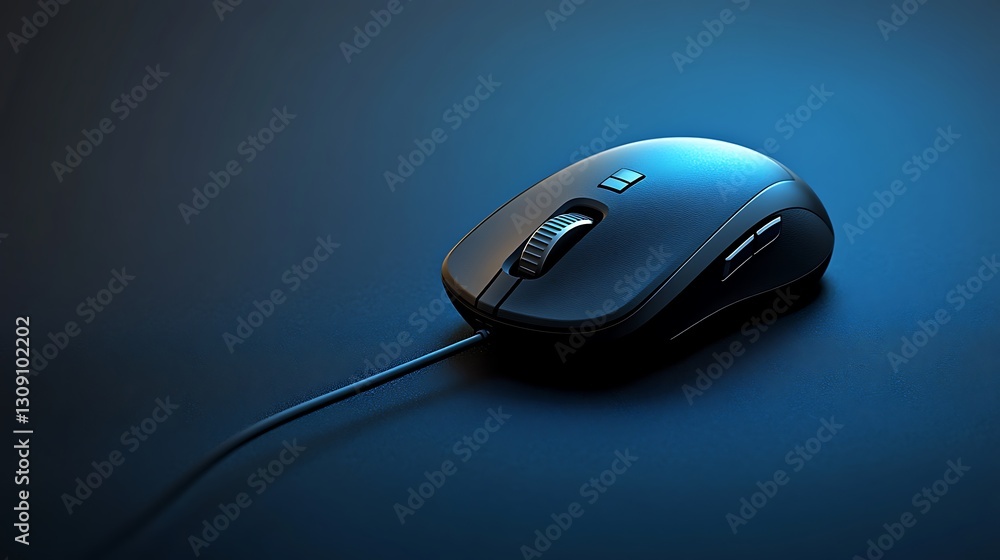 Aufkleber black computer mouse with cord on dark surface lit by blue gradient for tech use