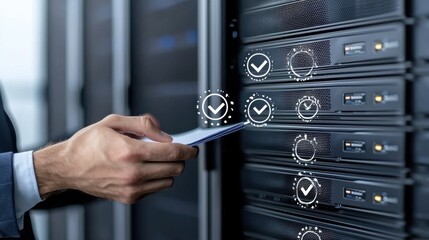 Close-up of hand inserting card into server with digital checkmarks representing data security and server management.