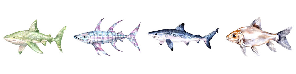 Fototapeta premium Various fish species watercolor illustration set isolated on transparent background