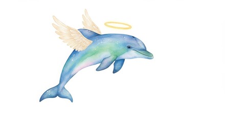 Obraz premium Watercolor Dolphin with Halo and Wings in a Dreamy - A whimsical dolphin with angelic wings and a halo symbolizing freedom, peace, purity, joy, and connection to nature