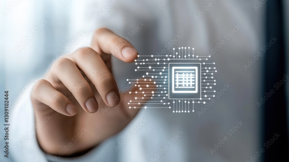 Poster close-up of hand interacting with digital interface and microchip concept, symbolizing innovation an