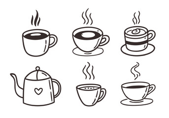 Hand-drawn hot drinks set with doodle-style on a white background. Includes coffee, tea, cappuccino, espresso, latte, americano, and hot chocolate. Vector illustration