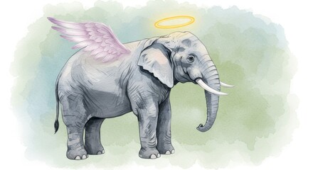 Watercolor Elephant with Halo and Wings in Soft Colors - This whimsical illustration features an elephant adorned with angelic wings and a halo, symbolizing purity, strength, enlightenment