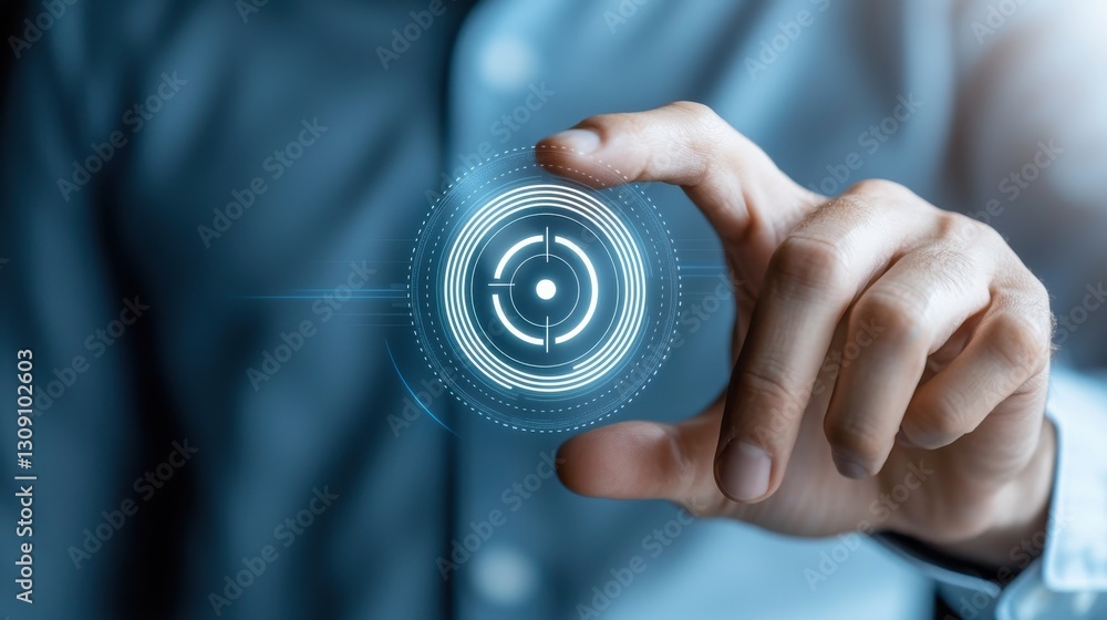 Poster close-up of hand interacting with futuristic digital interface, symbolizing innovation in technology