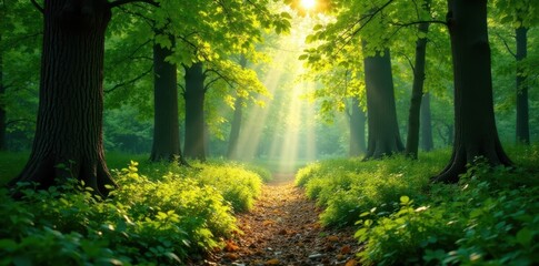 Sun-dappled spring forest floor, vibrant green foliage, landscape, bright