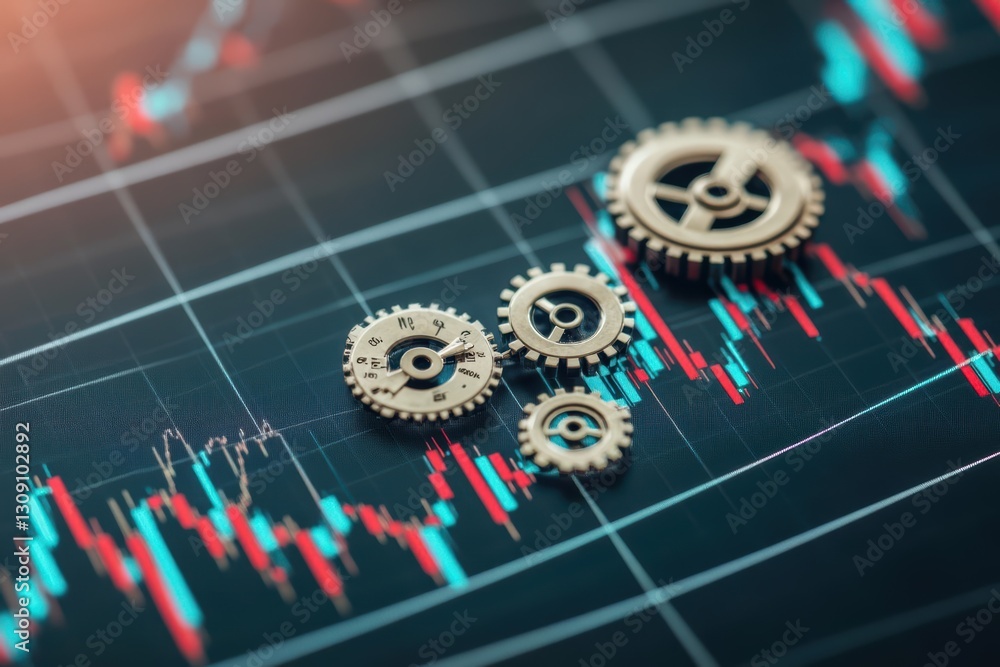 Poster intricate mechanism of two interlocking gears resting on a stock market chart representing financial