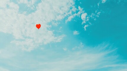 Obraz premium Red heart balloon floats in blue sky, clouds, romantic